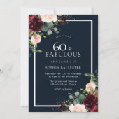 Burgundy Red Blush Floral Navy 60th Birthday Party Kaart