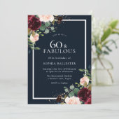 Burgundy Red Blush Floral Navy 60th Birthday Party Kaart