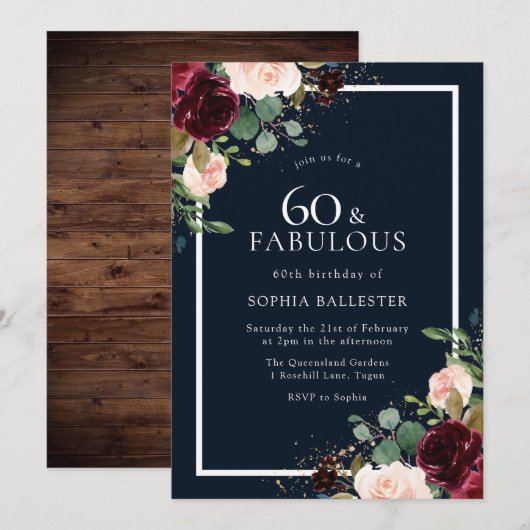 Burgundy Red Blush Floral Navy 60th Birthday Party Kaart