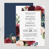 Burgundy Red Blush Floral Navy Blue Gold Weddensch Kaart (Voorkant / Achterkant)