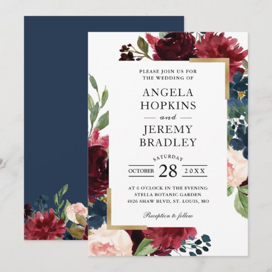 Burgundy Red Blush Floral Navy Blue Gold Weddensch Kaart (Voorkant / Achterkant)