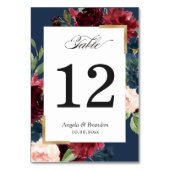 Burgundy Red Blush Floral Navy Blue Table Number Kaart (Achterkant)