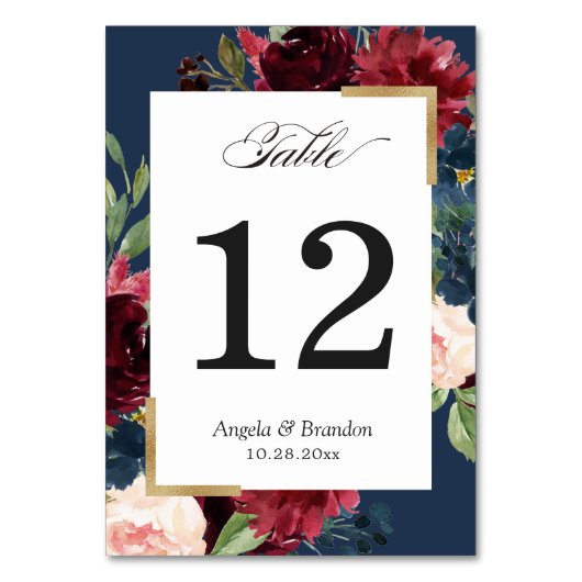 Burgundy Red Blush Floral Navy Blue Table Number Kaart (Voorkant)