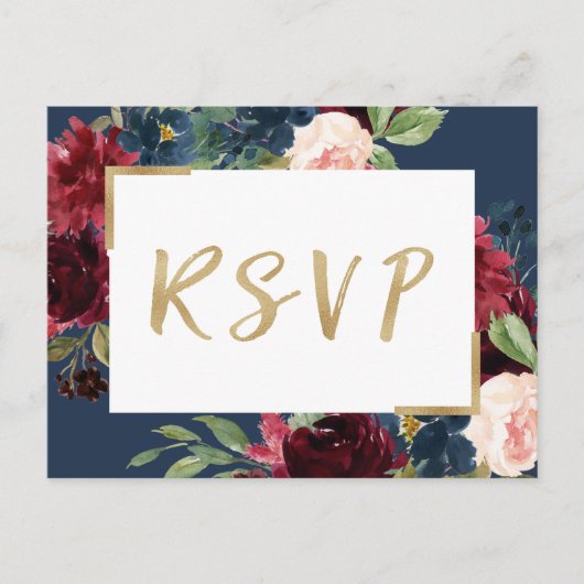 Burgundy Red Blush Floral Navy Blue Wedding RSVP Uitnodiging Briefkaart (Voorkant)