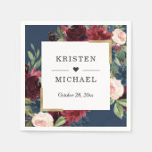 Burgundy Red Blush Floral Navy Blue Wedding Servet (Voorkant)