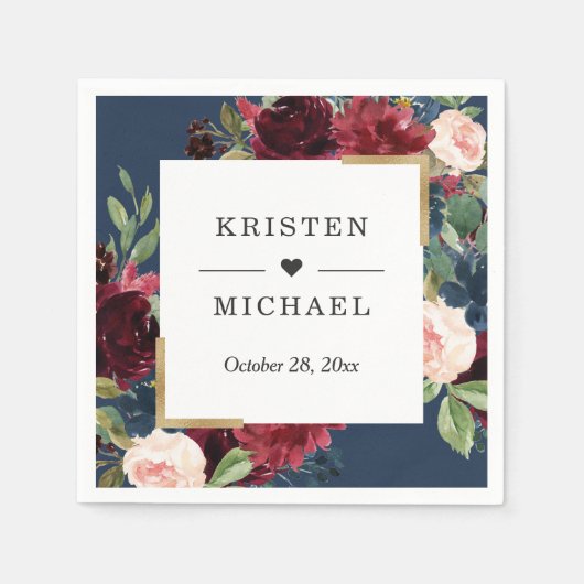 Burgundy Red Blush Floral Navy Blue Wedding Servet (Voorkant)