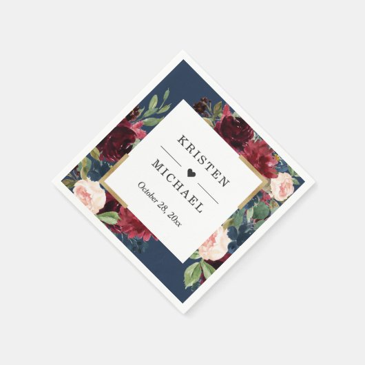 Burgundy Red Blush Floral Navy Blue Wedding Servet (Hoek)