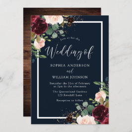 Burgundy Red & Blush Floral Navy Weddenschap Kaart