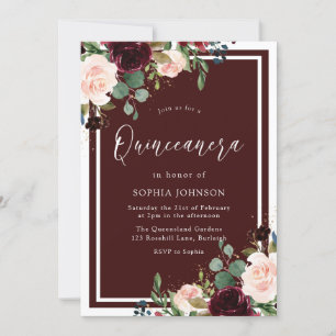 Burgundy Red & Blush Floral Quinceanera Party Kaart