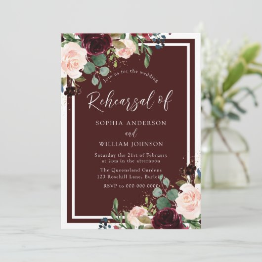 Burgundy Red & Blush Floral repesal Dinner Kaart (Staand voorkant)