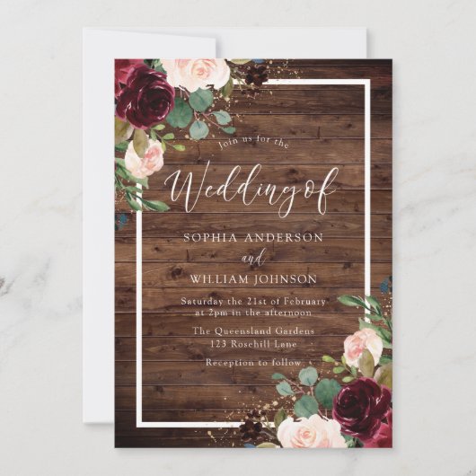 Burgundy Red & Blush Floral Rustic Wood Weddenscha Kaart (Voorkant)