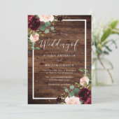 Burgundy Red & Blush Floral Rustic Wood Weddenscha Kaart (Staand voorkant)