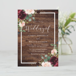 Burgundy Red & Blush Floral Rustic Wood Weddenscha Kaart