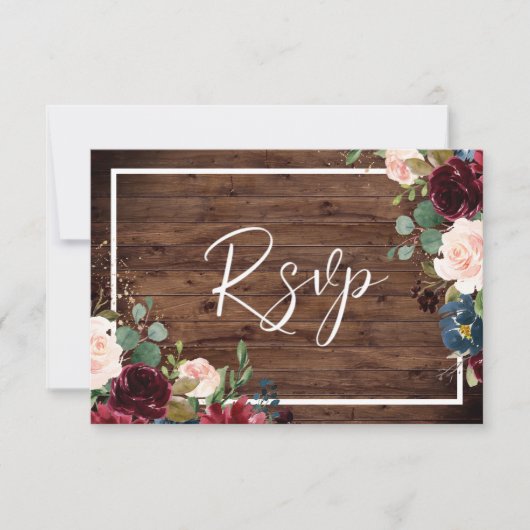 Burgundy Red & Blush Floral Rustic Wood Weddenscha RSVP Kaartje (Voorkant)