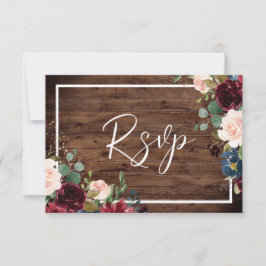 Burgundy Red & Blush Floral Rustic Wood Weddenscha RSVP Kaartje