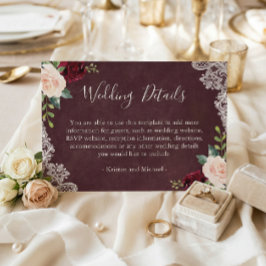 Burgundy Red Blush Floral Weddenschap Details Informatiekaartje
