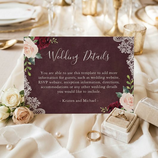 Burgundy Red Blush Floral Weddenschap Details Informatiekaartje