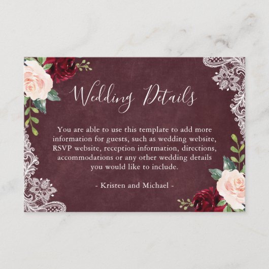 Burgundy Red Blush Floral Weddenschap Details Informatiekaartje (Voorkant)