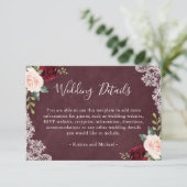 Burgundy Red Blush Floral Weddenschap Details Informatiekaartje (Staand voorkant)