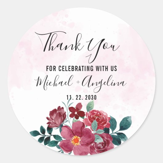 Burgundy Red Blush Floral Wedding Favor Ronde Sticker (Voorkant)