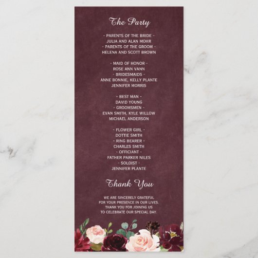 Burgundy Red Blush Floral Wedding Programmakaart (Achterkant)