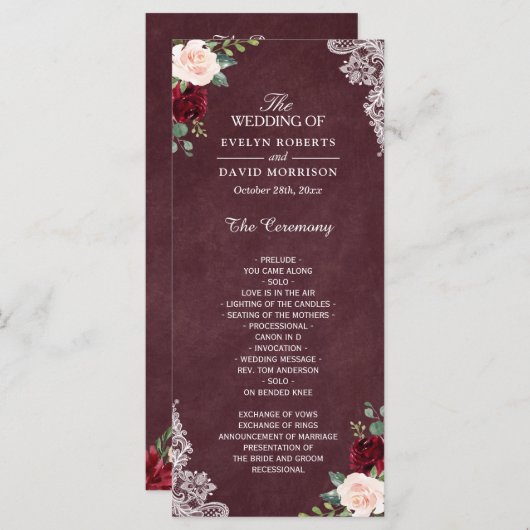 Burgundy Red Blush Floral Wedding Programmakaart (Voorkant / Achterkant)