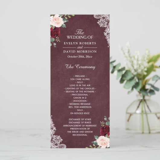 Burgundy Red Blush Floral Wedding Programmakaart (Staand voorkant)