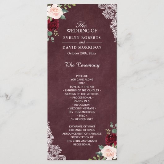 Burgundy Red Blush Floral Wedding Programmakaart (Voorkant)