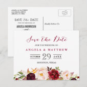 Burgundy Red Blush Floral Wedding Save the Date Briefkaart (Voorkant / Achterkant)