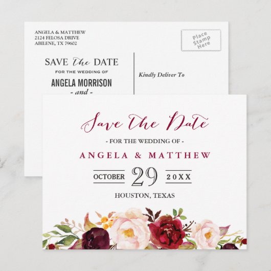 Burgundy Red Blush Floral Wedding Save the Date Briefkaart (Voorkant / Achterkant)