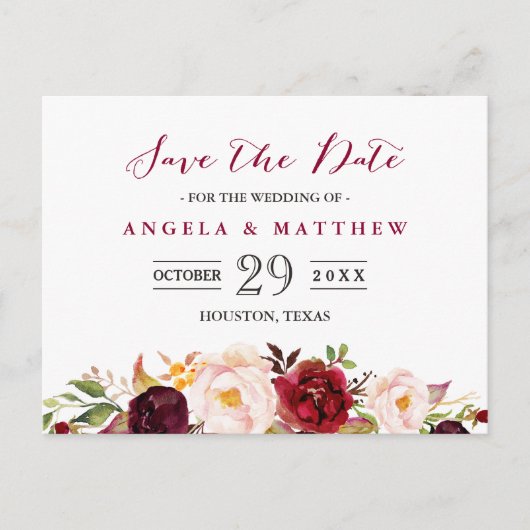 Burgundy Red Blush Floral Wedding Save the Date Briefkaart (Voorkant)