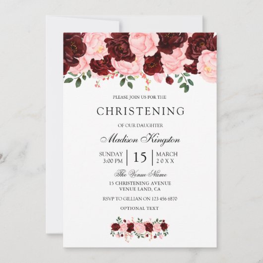 Burgundy Red Blush Flowers Christening Invite Kaart (Voorkant)