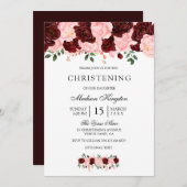 Burgundy Red Blush Flowers Christening Invite Kaart (Voorkant / Achterkant)