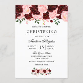 Burgundy Red Blush Flowers Christening Invite Kaart