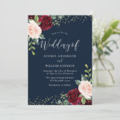 Burgundy Red & Blush Flowers Glitter Navy Weddensc Kaart (Staand voorkant)