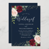 Burgundy Red & Blush Flowers Glitter Navy Weddensc Kaart (Voorkant / Achterkant)