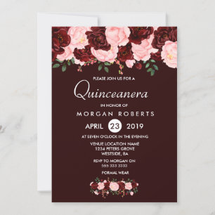 Burgundy Red Blush Flowers Quinceanera Invite Kaart
