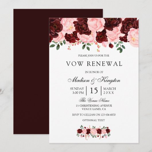Burgundy Red Blush Flowers Vow Renewal Invite Kaart (Voorkant / Achterkant)