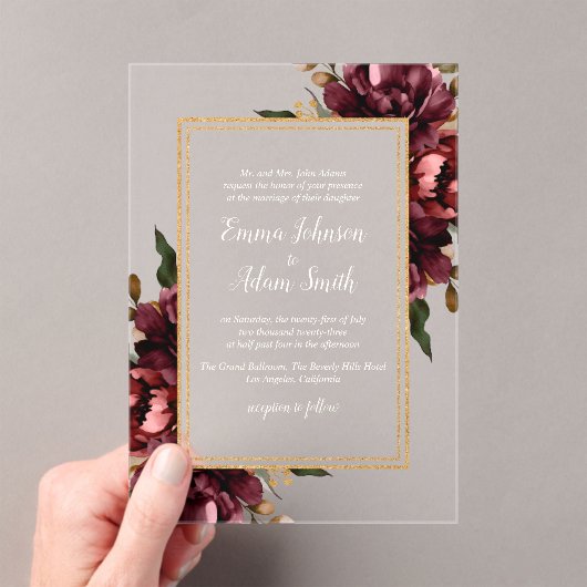 Burgundy Red Blush Gold Geometric Greenery Wedding Acryl Uitnodigingen (Insitu (Draagbaar))