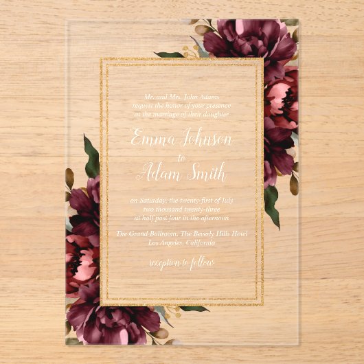 Burgundy Red Blush Gold Geometric Greenery Wedding Acryl Uitnodigingen (Voorkant)