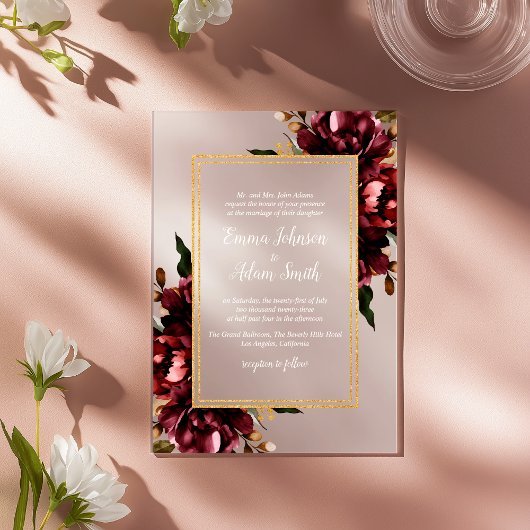 Burgundy Red Blush Gold Geometric Greenery Wedding Acryl Uitnodigingen