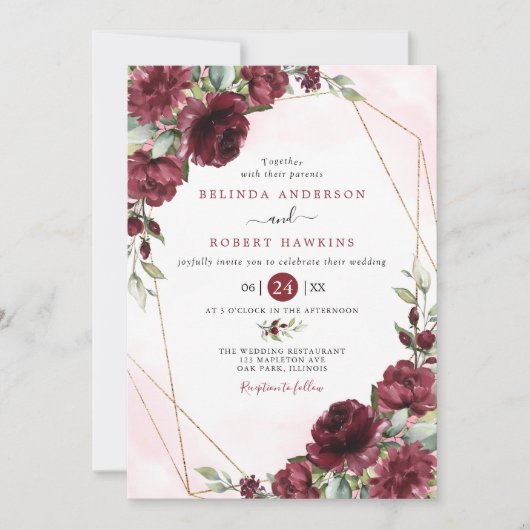 Burgundy Red Blush Gold Geometric Greenery Wedding Kaart (Voorkant)