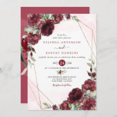 Burgundy Red Blush Gold Geometric Greenery Wedding Kaart (Voorkant / Achterkant)