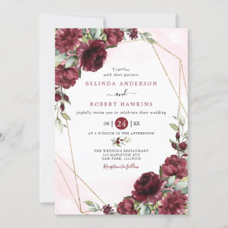 Burgundy Red Blush Gold Geometric Greenery Wedding Kaart