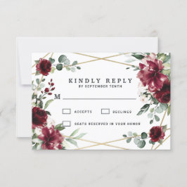 Burgundy Red Blush Gold Geometric Greenery Wedding RSVP Kaartje