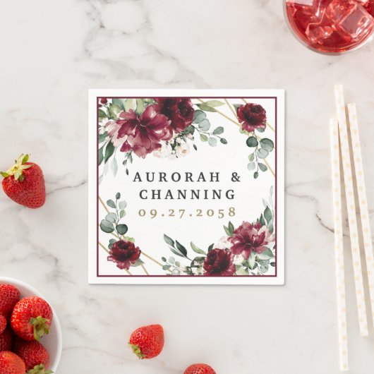 Burgundy Red Blush Gold Geometric Greenery Wedding Servet (Insitu)