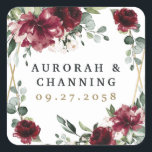 Burgundy Red Blush Gold Geometric Greenery Wedding Vierkante Sticker<br><div class="desc">Het ontwerp is voorzien van een gedrukt gouden gekleurd geometrisch lijst met bloemelementen in de schaduw van een glanzende,  rode en bloedige glanzende glansbeweging,  eucalyptus en bloei.</div>