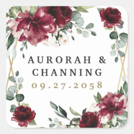 Burgundy Red Blush Gold Geometric Greenery Wedding Vierkante Sticker
