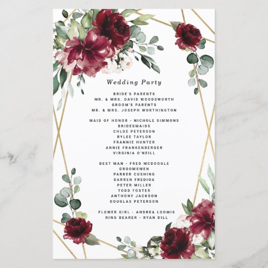 Burgundy Red Blush Gold Greenery Wedding Programs (Achterkant)