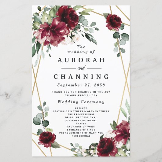 Burgundy Red Blush Gold Greenery Wedding Programs (Voorkant)